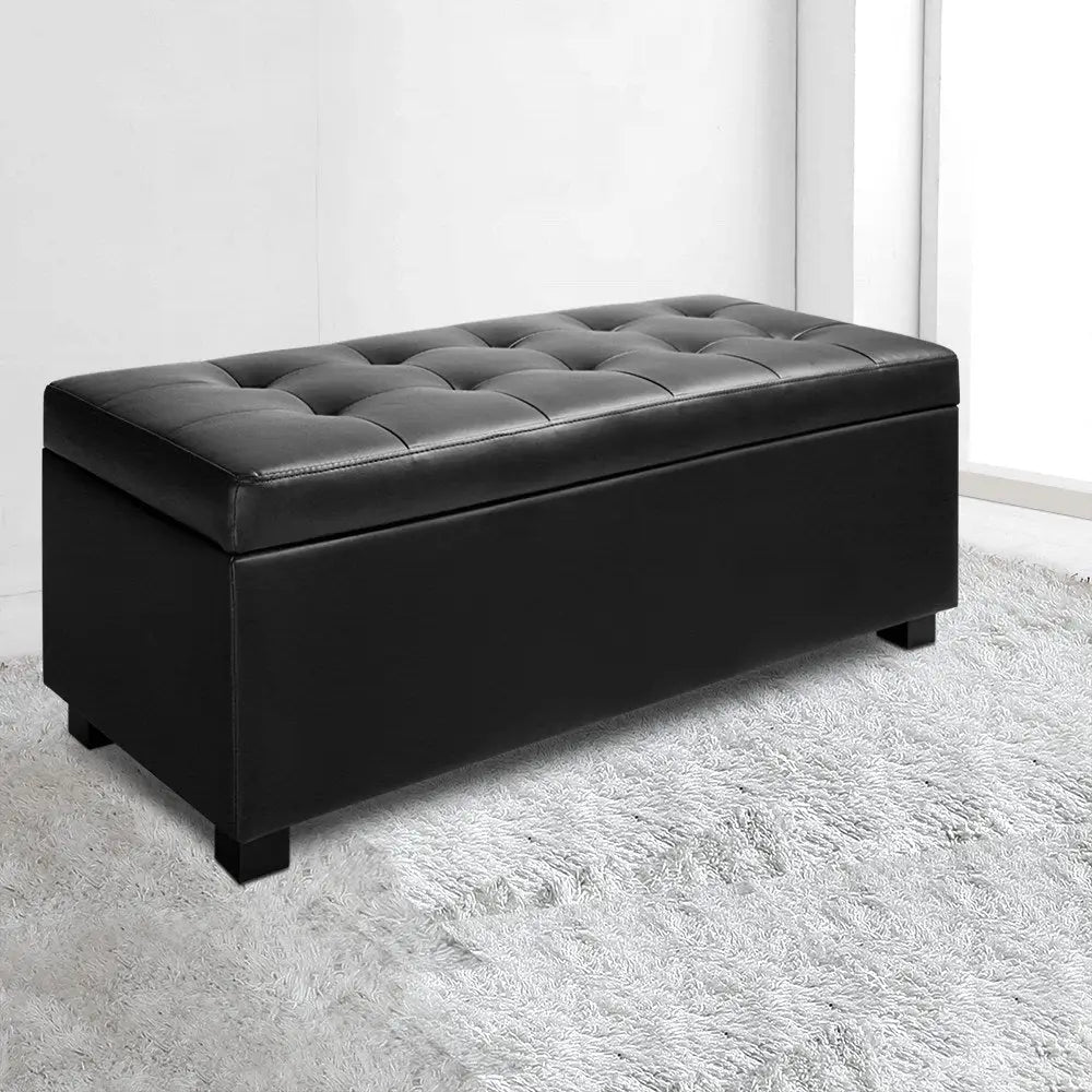 Artiss Storage Ottoman Blanket Box 97cm Leather Black - Furniture > Bedroom