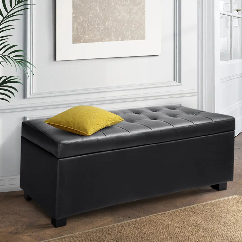 Artiss Storage Ottoman Blanket Box 97cm Leather Black - Furniture > Bedroom