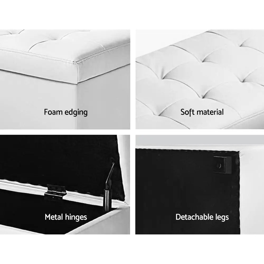 Artiss Storage Ottoman Blanket Box 97cm Leather White - Furniture > Living Room