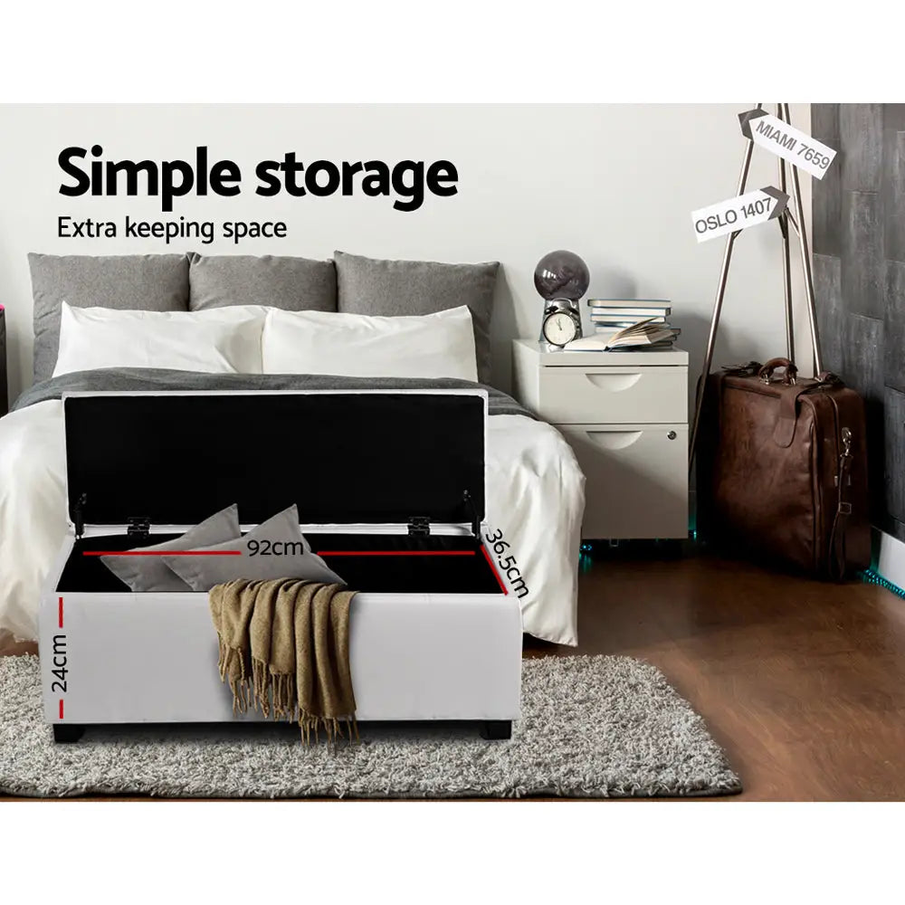 Artiss Storage Ottoman Blanket Box 97cm Leather White - Furniture > Living Room
