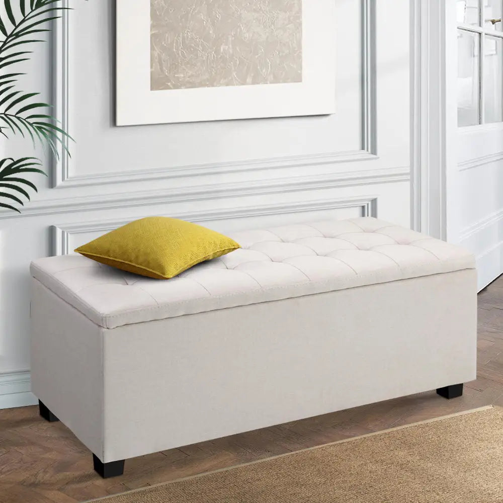 Artiss Storage Ottoman Blanket Box 97cm Linen Beige - Furniture > Bedroom