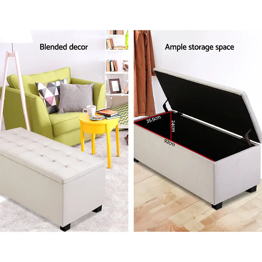 Artiss Storage Ottoman Blanket Box 97cm Linen Beige - Furniture > Bedroom