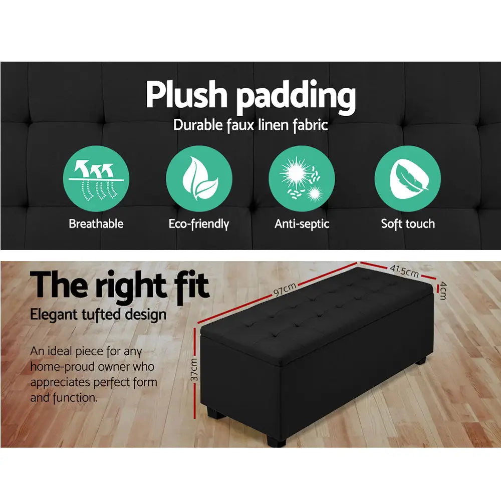 Artiss Storage Ottoman Blanket Box 97cm Linen Black - Furniture > Living Room
