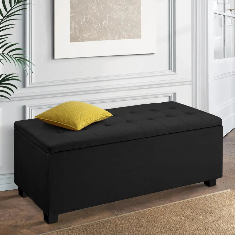 Artiss Storage Ottoman Blanket Box 97cm Linen Black - Furniture > Living Room
