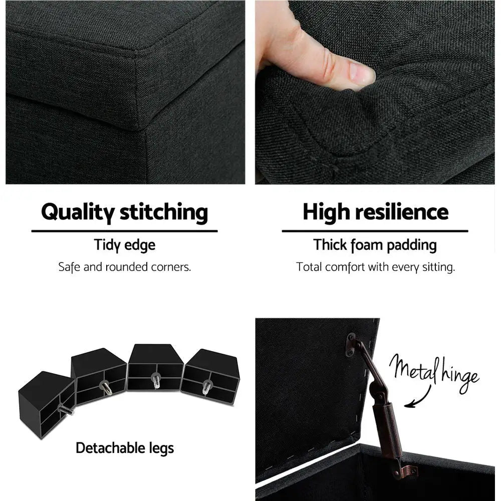 Artiss Storage Ottoman Blanket Box 97cm Linen Charcoal - Furniture > Bedroom
