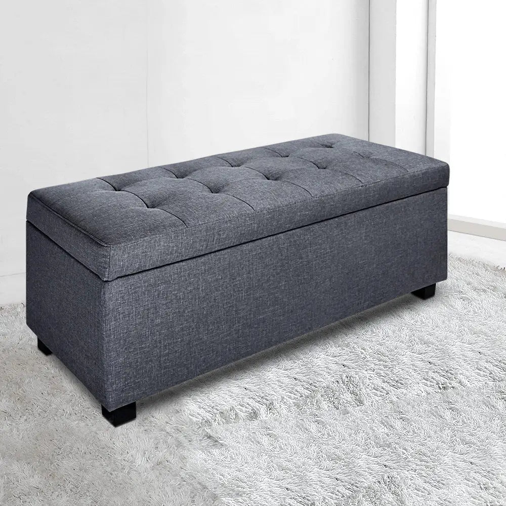 Artiss Storage Ottoman Blanket Box 97cm Linen Grey - Furniture > Bedroom