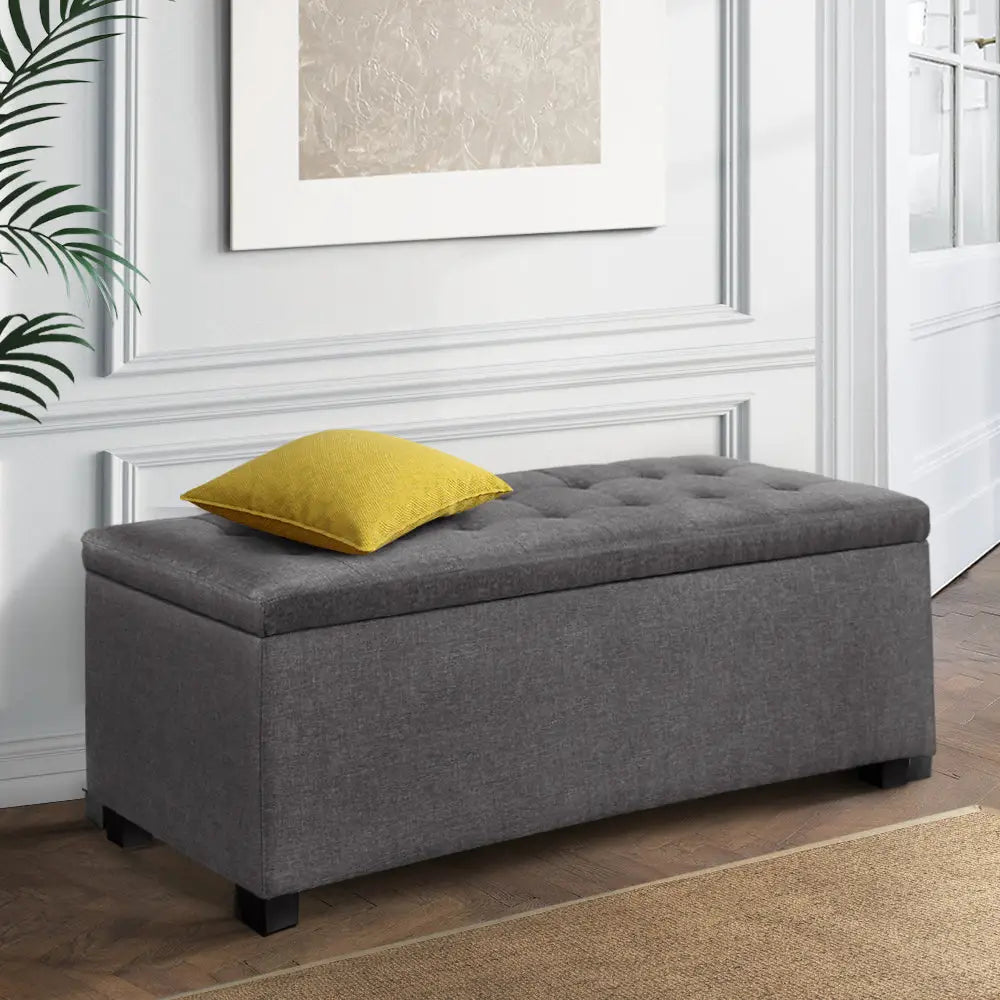 Artiss Storage Ottoman Blanket Box 97cm Linen Grey - Furniture > Bedroom