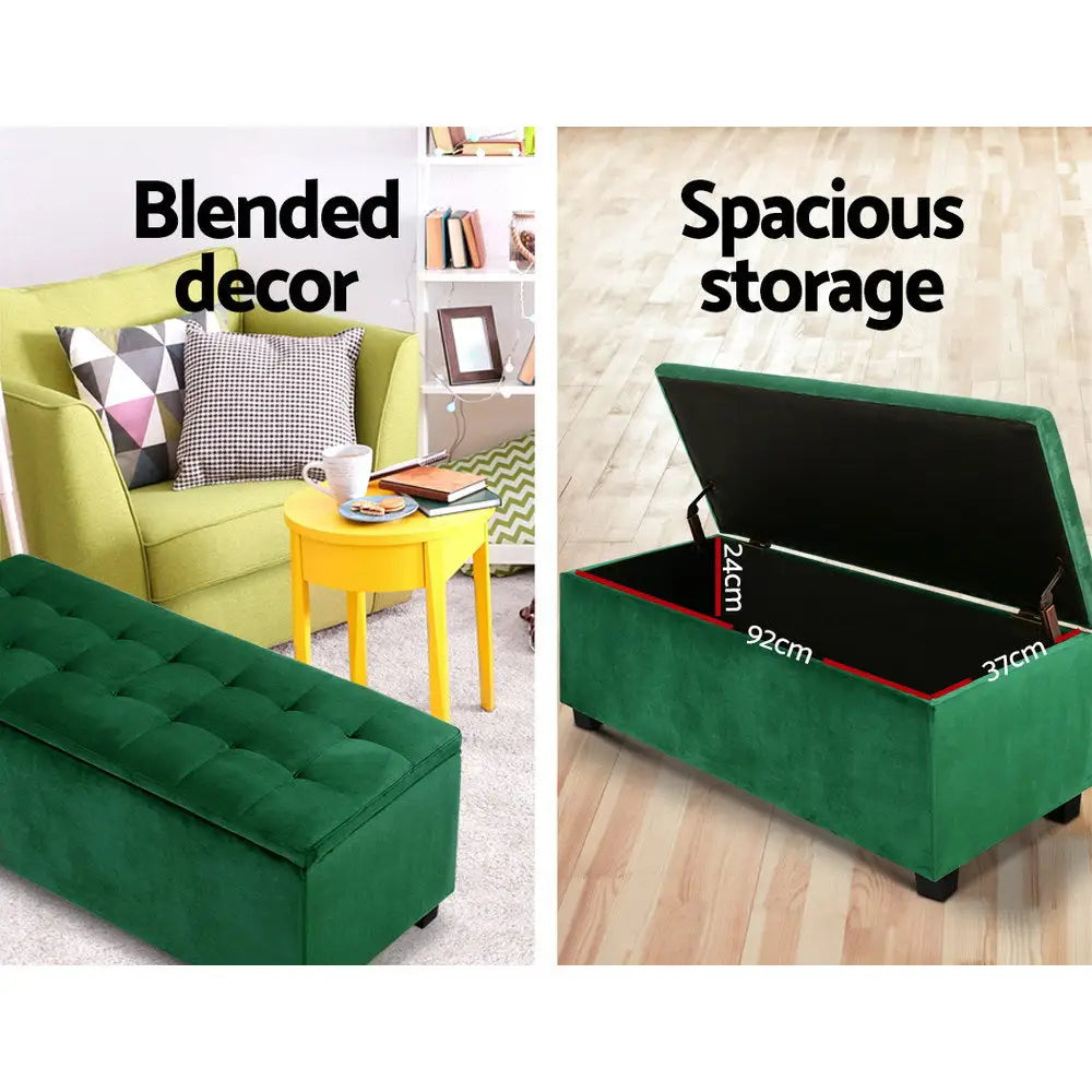 Artiss Storage Ottoman Blanket Box 98cm Velvet Green - Furniture > Living Room