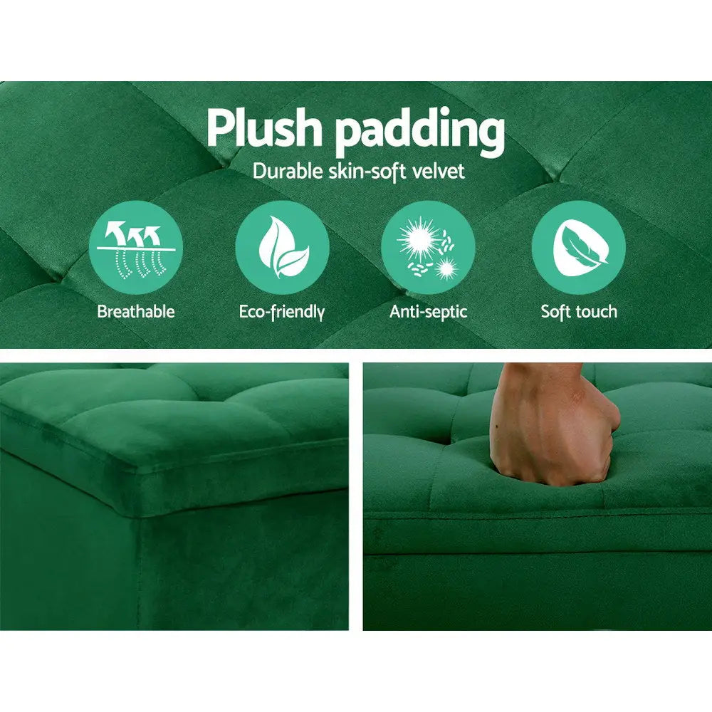Artiss Storage Ottoman Blanket Box 98cm Velvet Green - Furniture > Living Room
