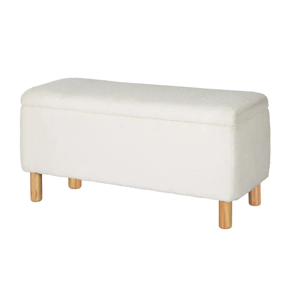 Artiss Storage Ottoman Blanket Box 99cm Teddy Fabric White - Furniture > Living Room > Ottomans & Footstools