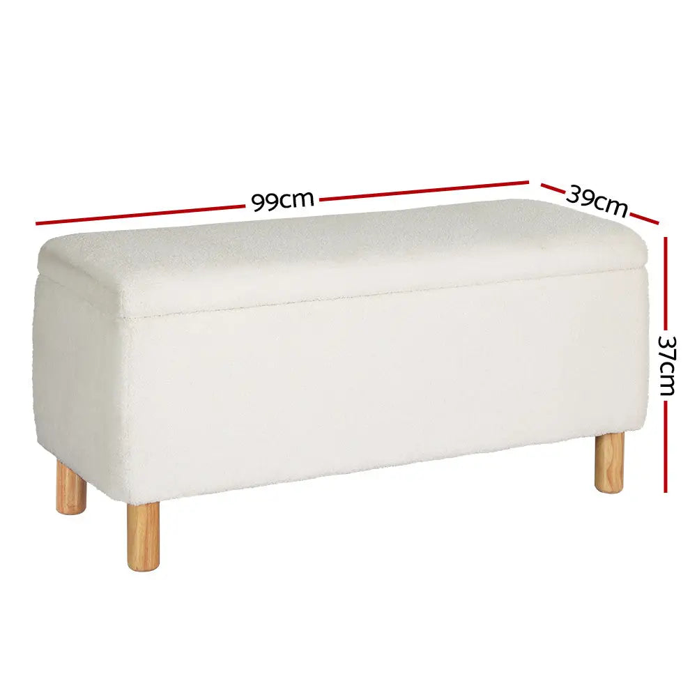 Artiss Storage Ottoman Blanket Box 99cm Teddy Fabric White - Furniture > Living Room > Ottomans & Footstools