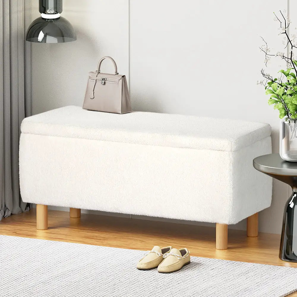 Artiss Storage Ottoman Blanket Box 99cm Teddy Fabric White - Furniture > Living Room > Ottomans & Footstools