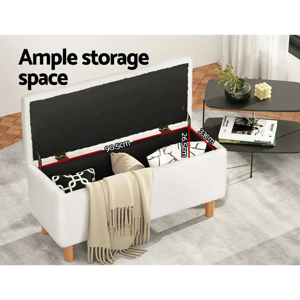 Artiss Storage Ottoman Blanket Box 99cm Teddy Fabric White - Furniture > Living Room > Ottomans & Footstools