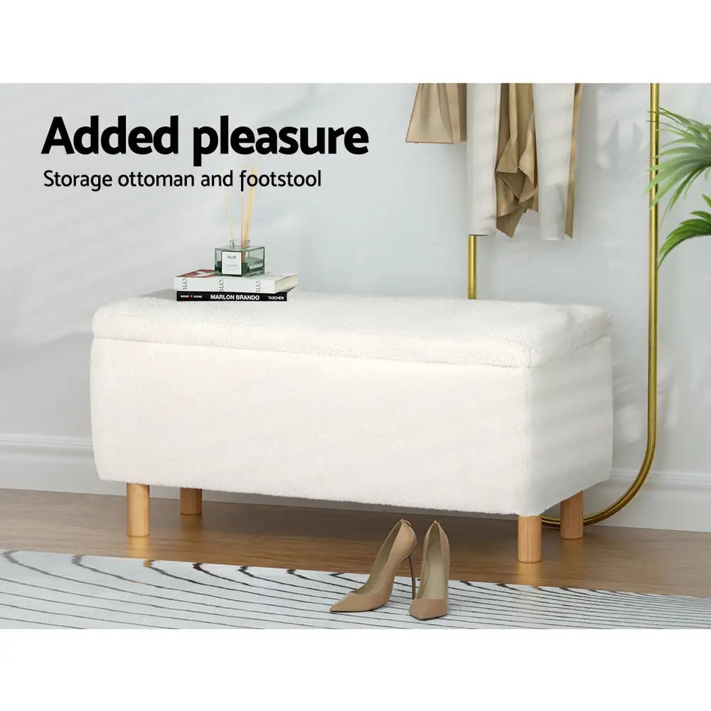 Artiss Storage Ottoman Blanket Box 99cm Teddy Fabric White - Furniture > Living Room > Ottomans & Footstools