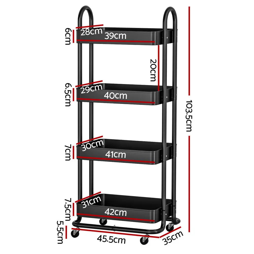 Artiss Storage Trolley Kitchen Cart 4 Tiers Black - Furniture > Dining