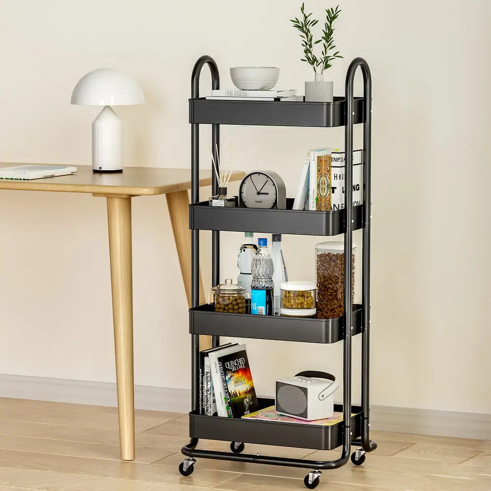 Artiss Storage Trolley Kitchen Cart 4 Tiers Black - Furniture > Dining