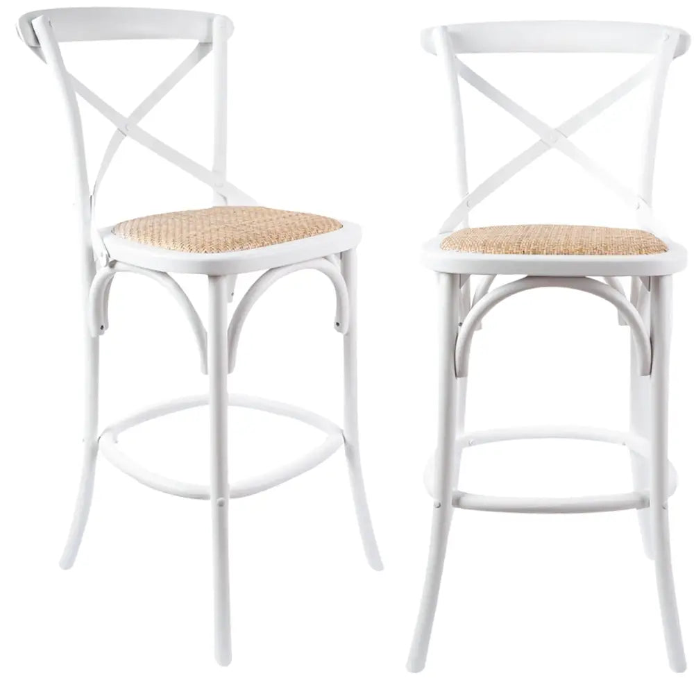 Aster 2pc Crossback Bar Stools Dining Chair Solid Birch Timber Rattan Seat White - Furniture > Bar Stools & Chairs