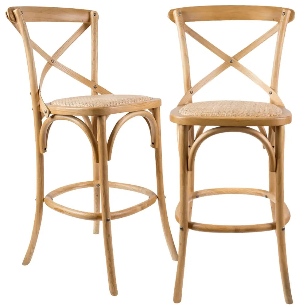 Aster 2pc Crossback Bar Stools Dining Chair Solid Birch Timber Rattan Seat - Oak - Furniture > Bar Stools & Chairs