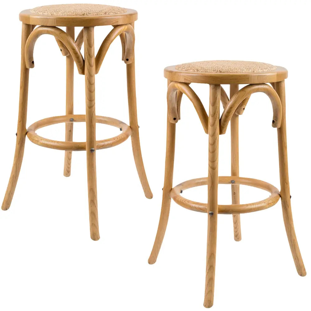 Aster 2pc Round Bar Stools Dining Stool Chair Solid Birch Timber Rattan Seat Oak - Furniture > Bar Stools & Chairs