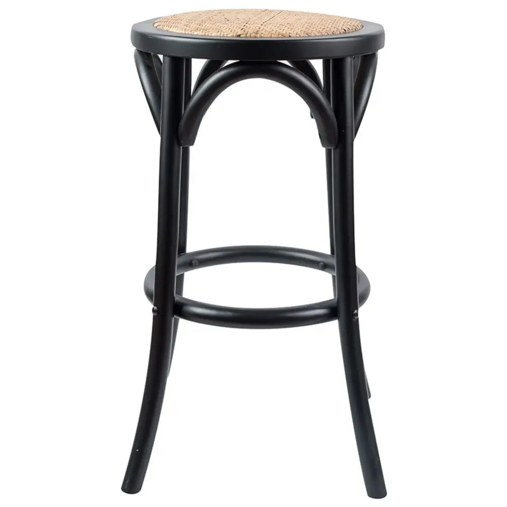 Aster 2pc Round Bar Stools Dining Stool Chair Solid Birch Wood Rattan Seat Black - Furniture > Bar Stools & Chairs