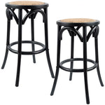 Aster 2pc Round Bar Stools Dining Stool Chair Solid Birch Wood Rattan Seat Black - Furniture > Bar Stools & Chairs