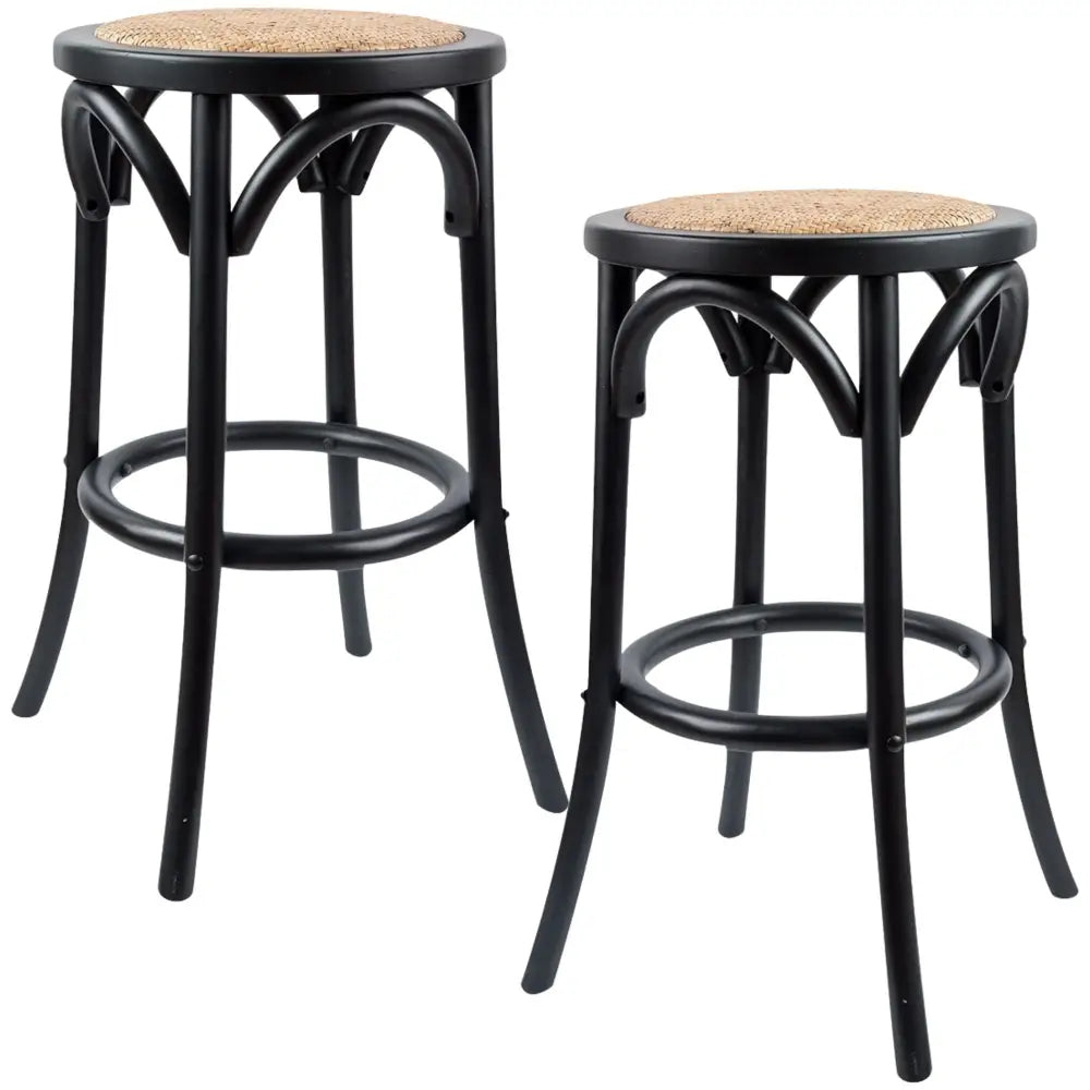 Aster 2pc Round Bar Stools Dining Stool Chair Solid Birch Wood Rattan Seat Black - Furniture > Bar Stools & Chairs
