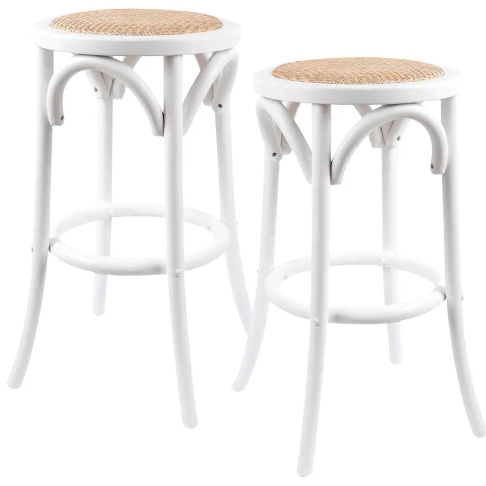 Aster 2pc Round Bar Stools Dining Stool Chair Solid Birch Wood Rattan Seat White - Furniture > Bar Stools & Chairs