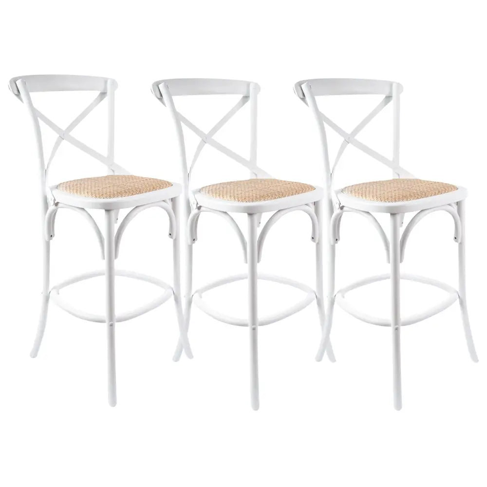 Aster 3pc Crossback Bar Stools Dining Chair Solid Birch Timber Rattan Seat White - Furniture > Bar Stools & Chairs