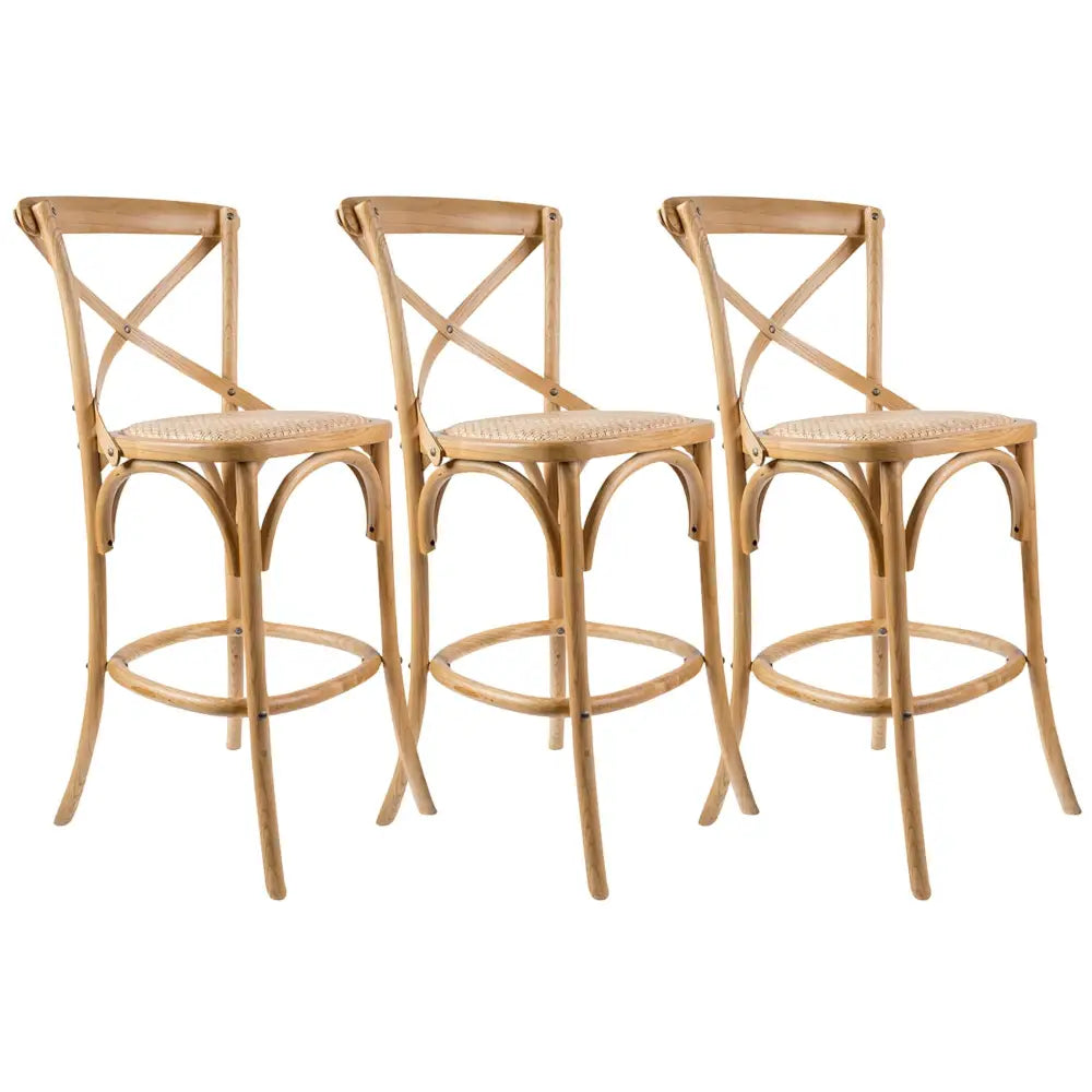 Aster 3pc Crossback Bar Stools Dining Chair Solid Birch Timber Rattan Seat - Oak - Furniture > Bar Stools & Chairs