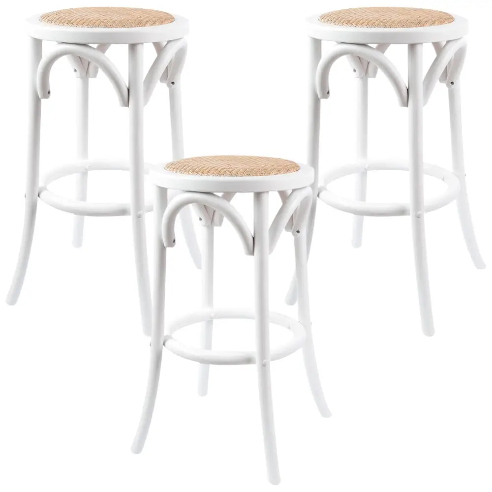 Aster 3pc Round Bar Stools Dining Stool Chair Solid Birch Wood Rattan Seat White - Furniture > Bar Stools & Chairs