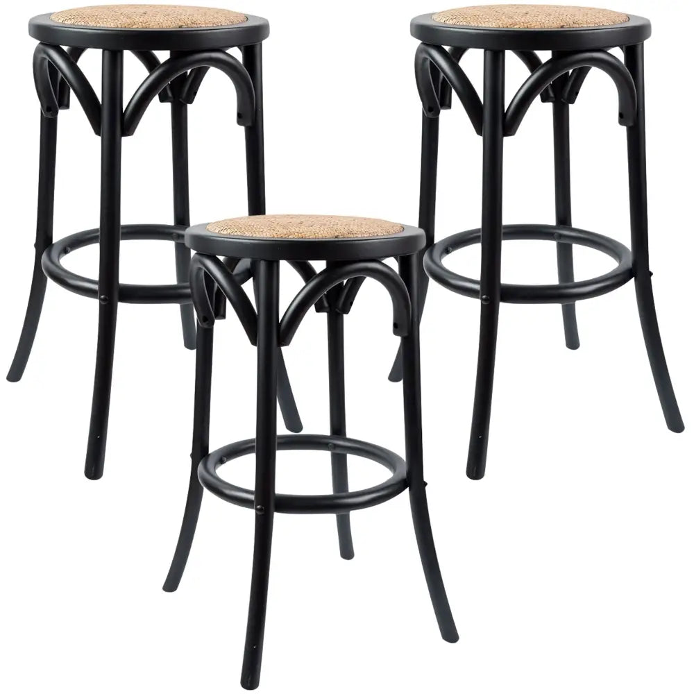 Aster 3pc Round Bar Stools Dining Stool Chair Solid Birch Wood Rattan Seat Black - Furniture > Bar Stools & Chairs