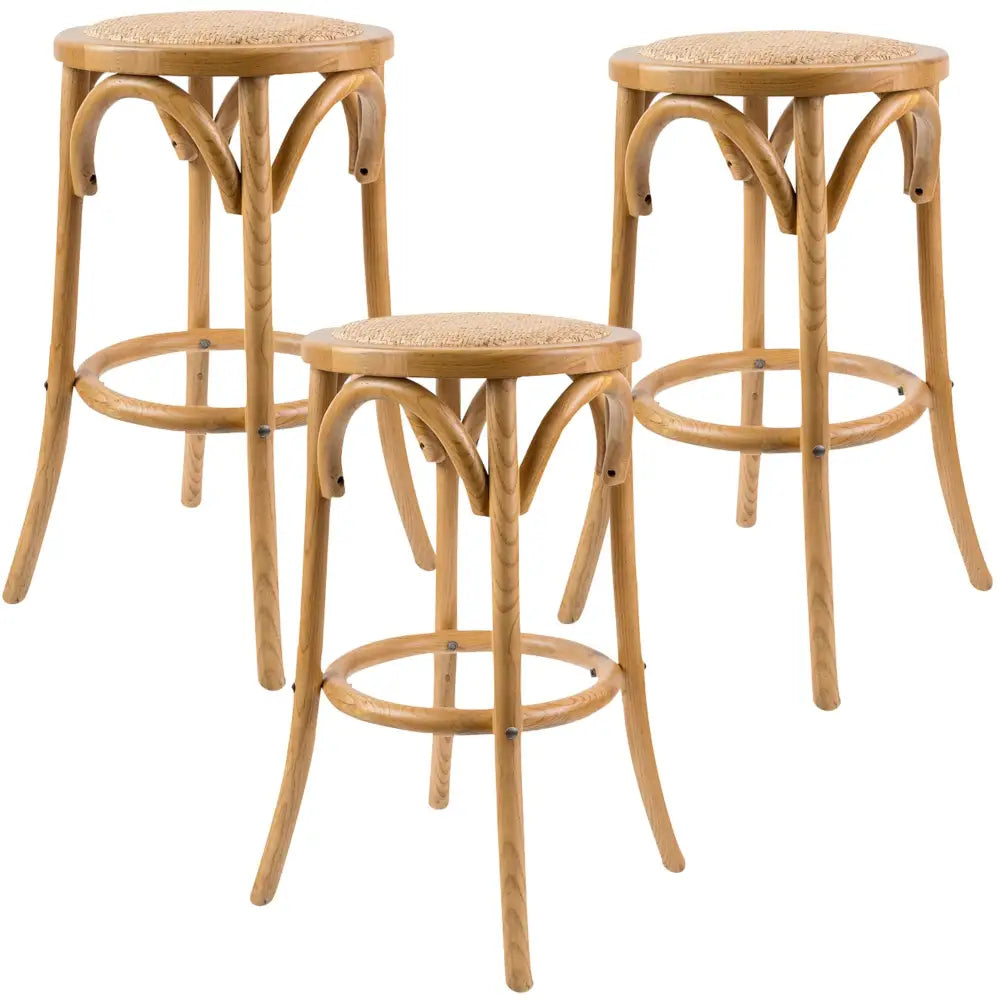 Aster 3pc Round Bar Stools Dining Stool Chair Solid Birch Wood Rattan Seat Oak - Furniture > Bar Stools & Chairs