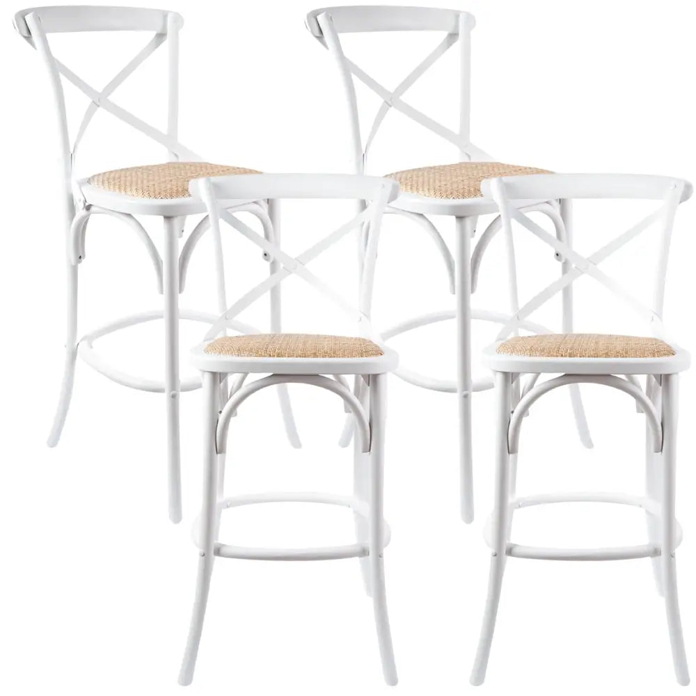 Aster 4pc Crossback Bar Stools Dining Chair Solid Birch Timber Rattan Seat White - Furniture > Bar Stools & Chairs