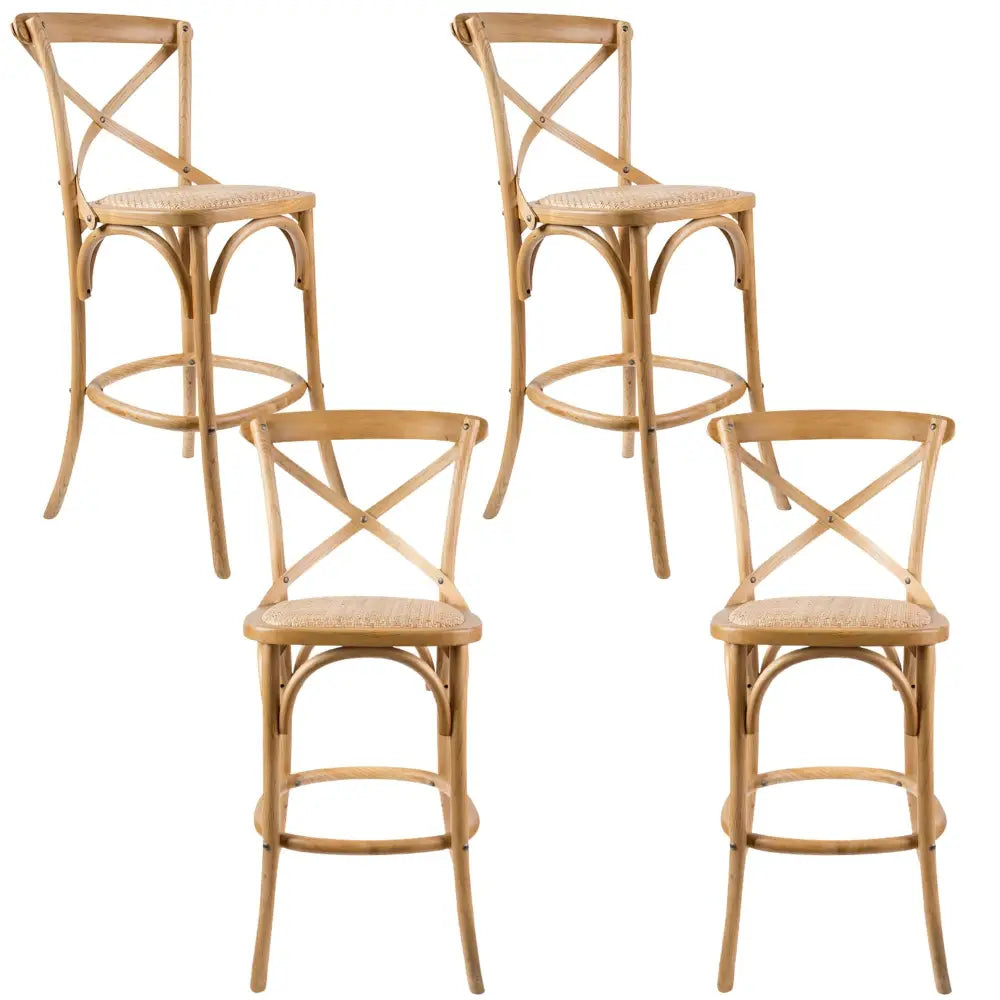 Aster 4pc Crossback Bar Stools Dining Chair Solid Birch Timber Rattan Seat - Oak - Furniture > Bar Stools & Chairs