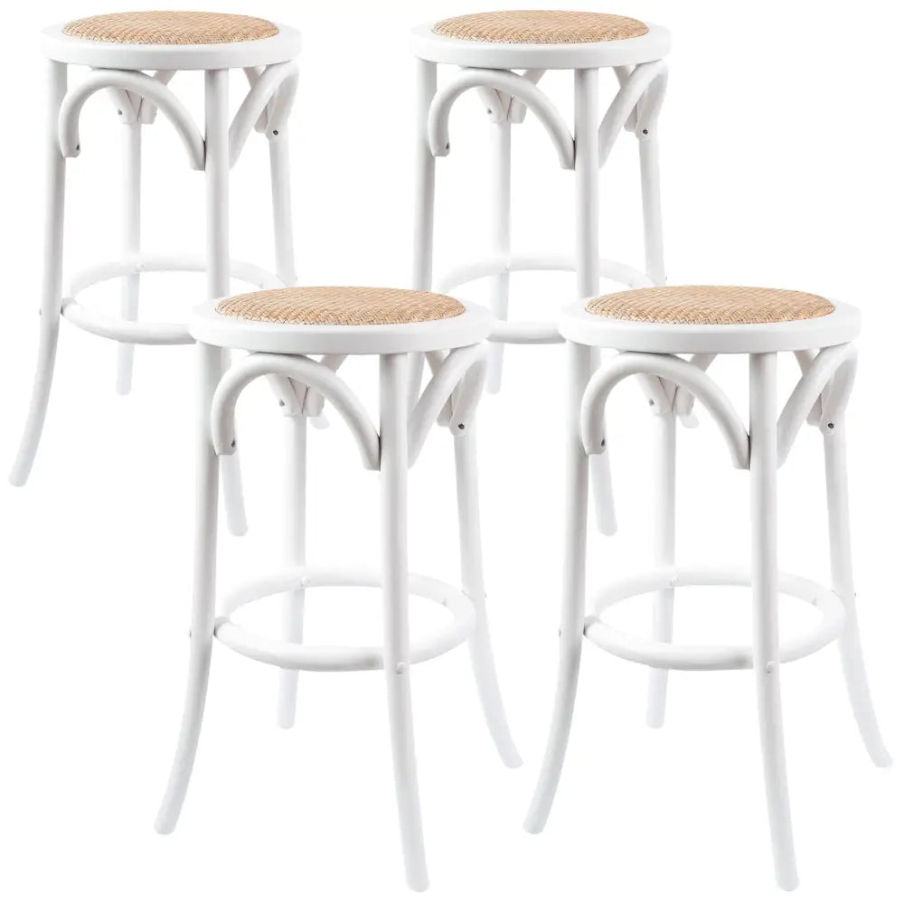 Aster 4pc Round Bar Stools Dining Stool Chair Solid Birch Wood Rattan Seat White - Furniture > Bar Stools & Chairs