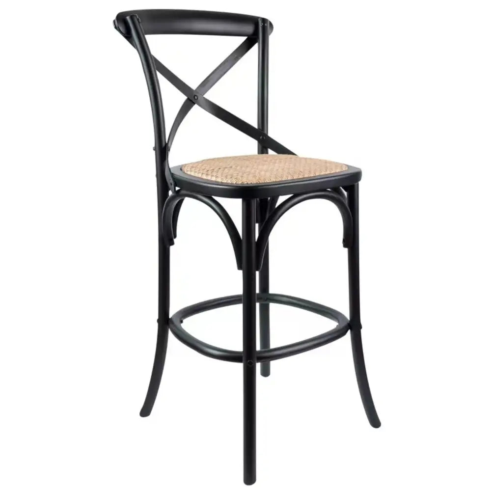 Aster Crossback Bar Stools Dining Chair Solid Birch Timber Rattan Seat - Black - Furniture > Bar Stools & Chairs