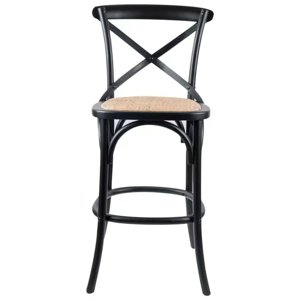 Aster Crossback Bar Stools Dining Chair Solid Birch Timber Rattan Seat - Black - Furniture > Bar Stools & Chairs