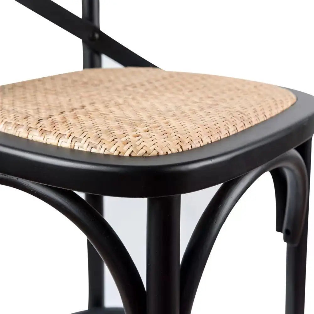 Aster Crossback Bar Stools Dining Chair Solid Birch Timber Rattan Seat - Black - Furniture > Bar Stools & Chairs