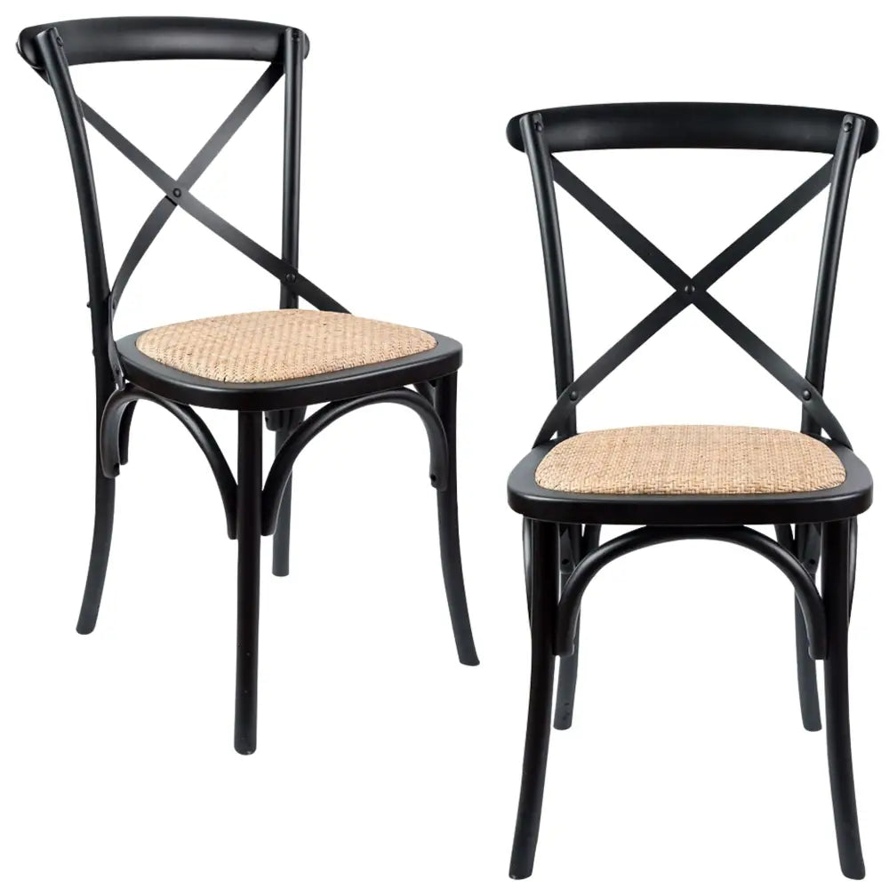 Aster Crossback Dining Chair Set of 2 Solid Birch Timber Wood Ratan Seat - Black - Furniture > Dining