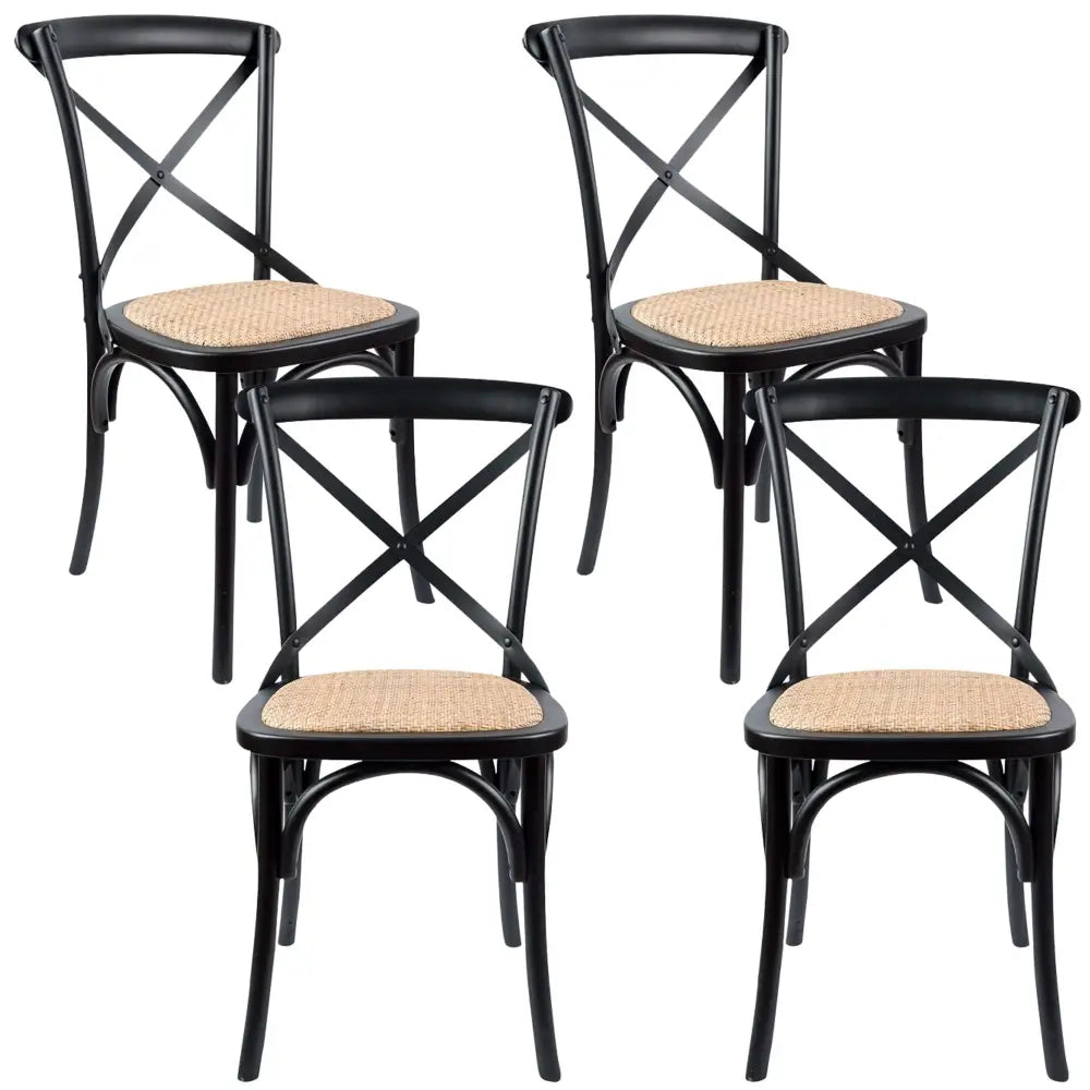 Aster Crossback Dining Chair Set of 4 Solid Birch Timber Wood Ratan Seat - Black - Furniture > Dining