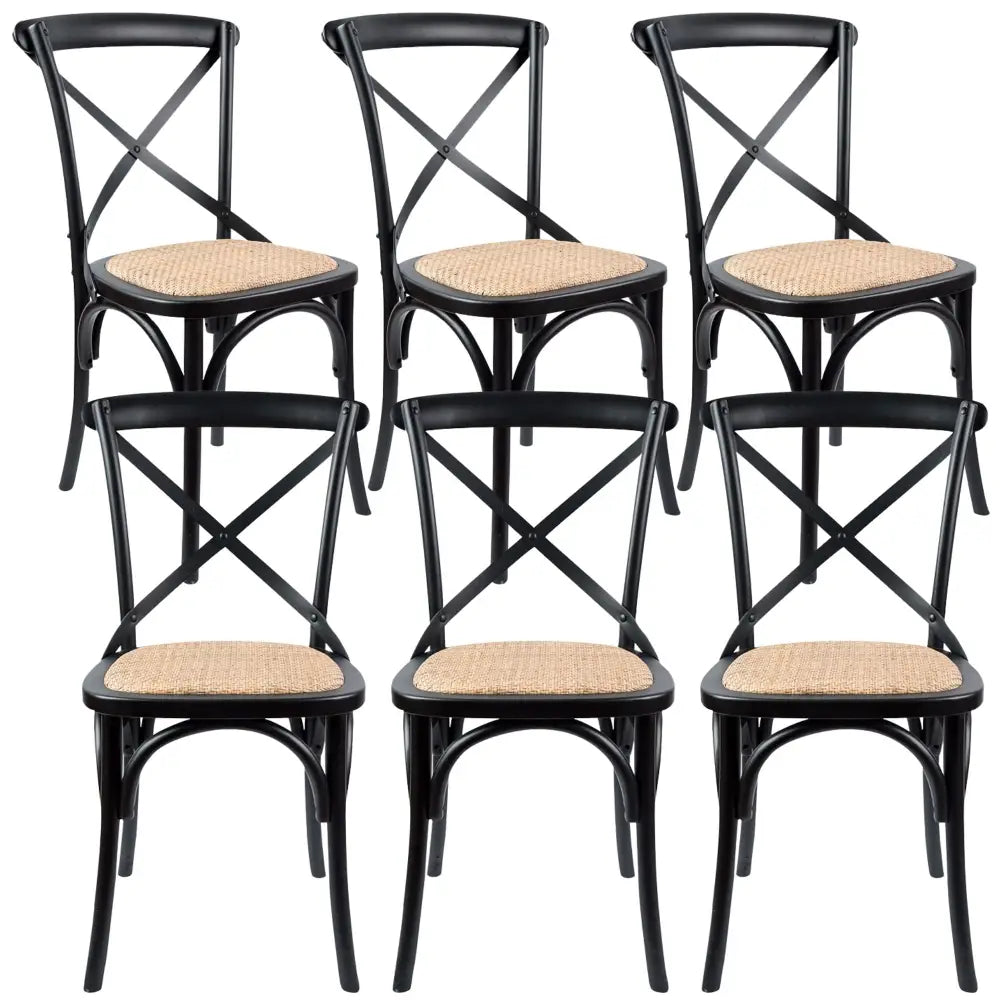 Aster Crossback Dining Chair Set of 6 Solid Birch Timber Wood Ratan Seat - Black - Furniture > Dining