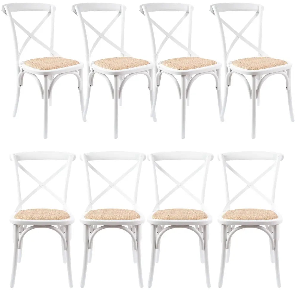 Aster Crossback Dining Chair Set of 8 Solid Birch Timber Wood Ratan Seat - White - Furniture > Dining