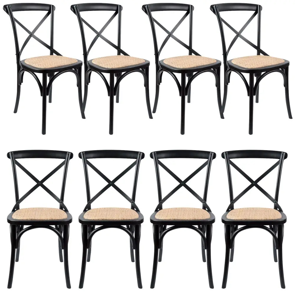 Aster Crossback Dining Chair Set of 8 Solid Birch Timber Wood Ratan Seat - Black - Furniture > Dining