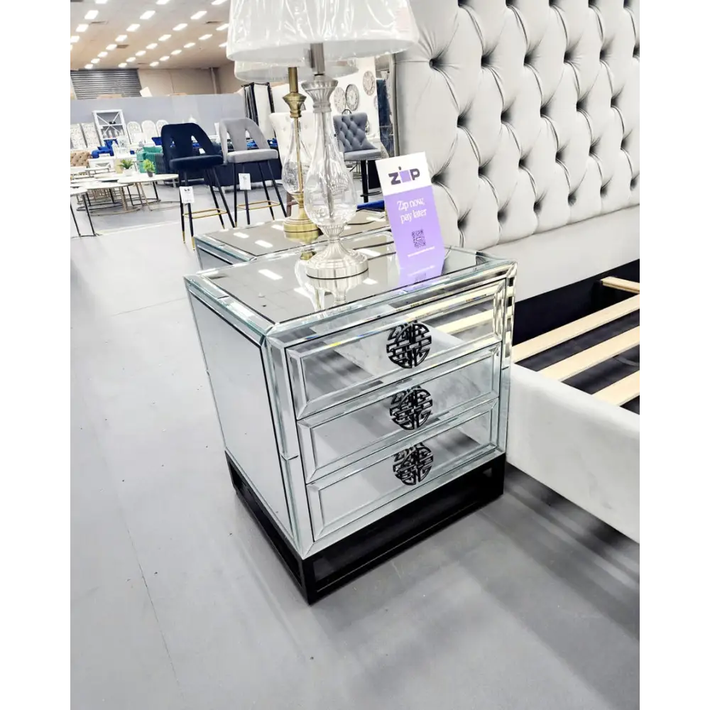 Athens Mirrored Bed Side Table -Black - Furniture > Bedroom