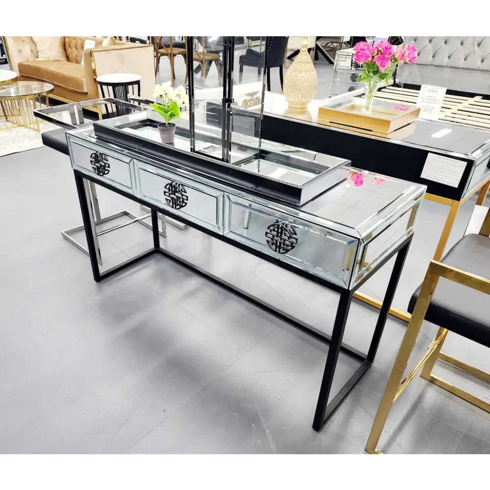 Athens Mirrored Console Table -Black - Furniture > Living Room