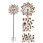 Decorative metal garden stake featuring an Autumn Wind spinner with spinning leaves