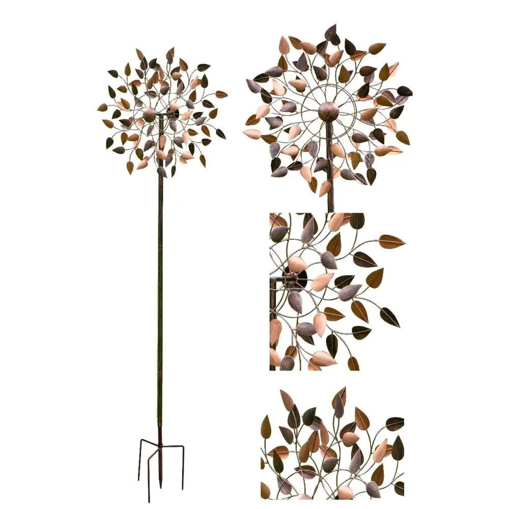 Decorative metal garden stake featuring an Autumn Wind spinner with spinning leaves