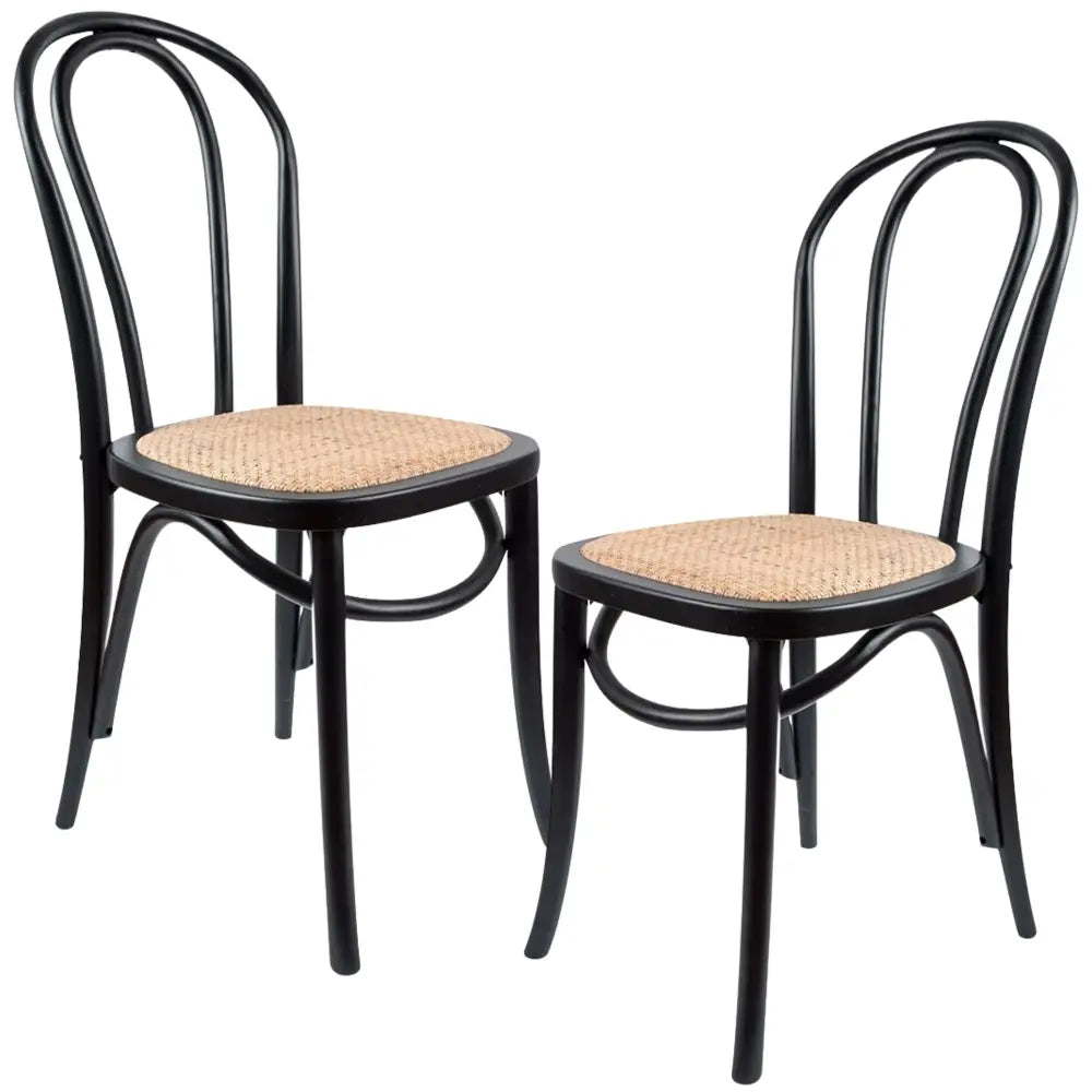 Azalea Arched Back Dining Chair 2 Set Solid Elm Timber Wood Rattan Seat - Black - Furniture > Dining