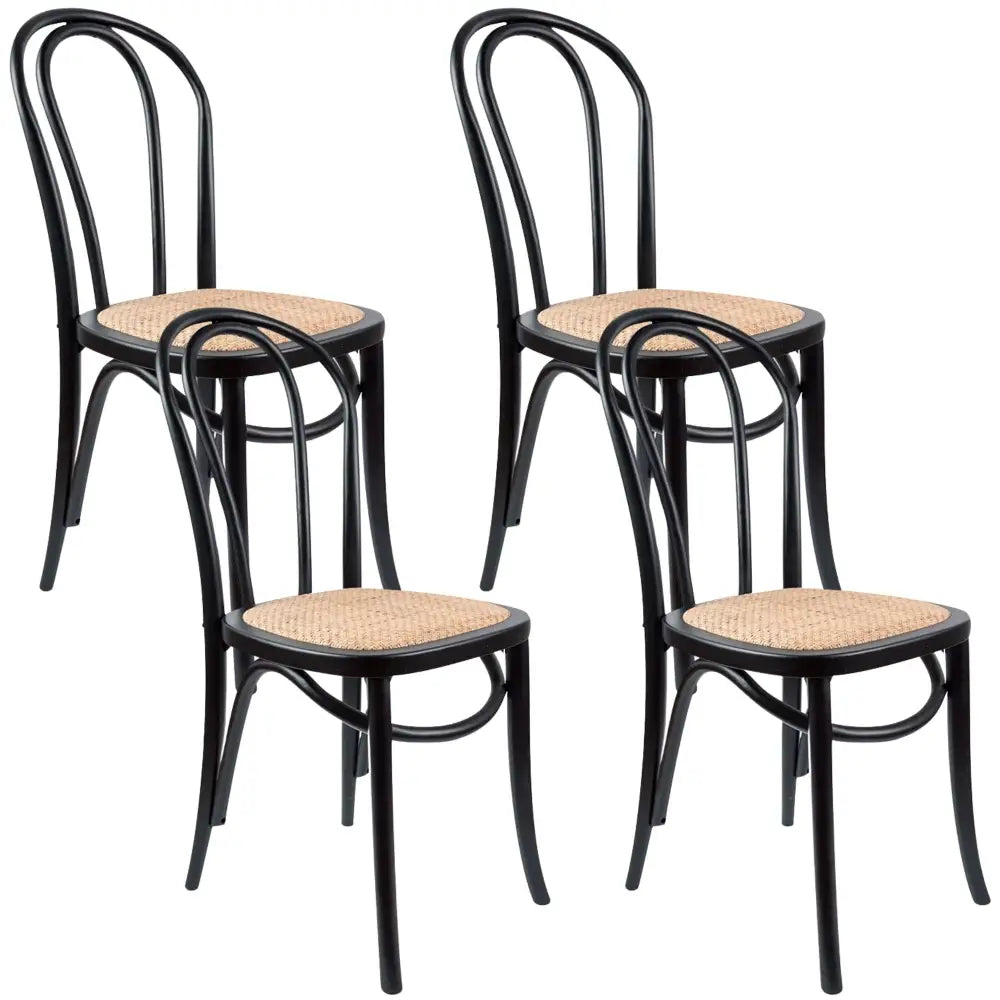 Azalea Arched Back Dining Chair 4 Set Solid Elm Timber Wood Rattan Seat - Black - Furniture > Dining