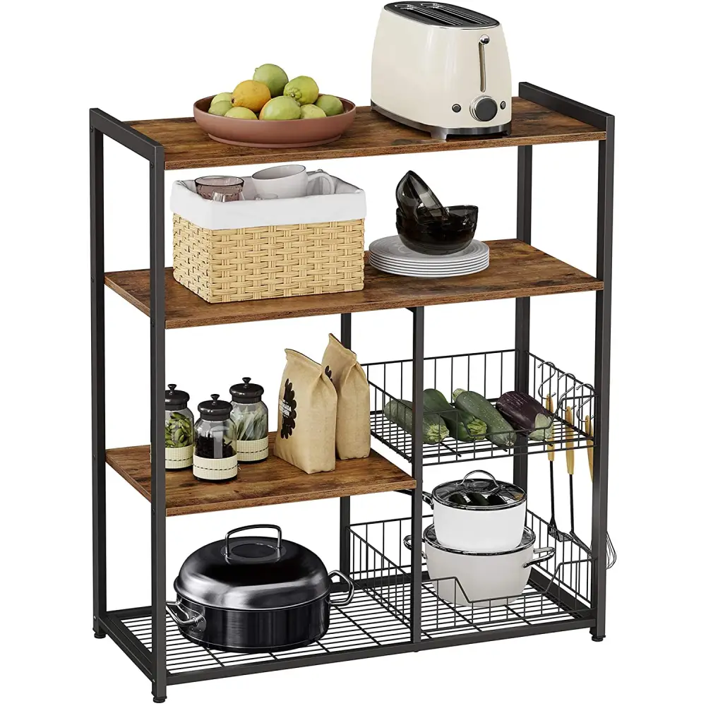 Baker’s Rack with 2 Metal Mesh Baskets Shelves and Hooks 80 x 35 x 95 cm Industrial Style Rustic Brown - Furniture >